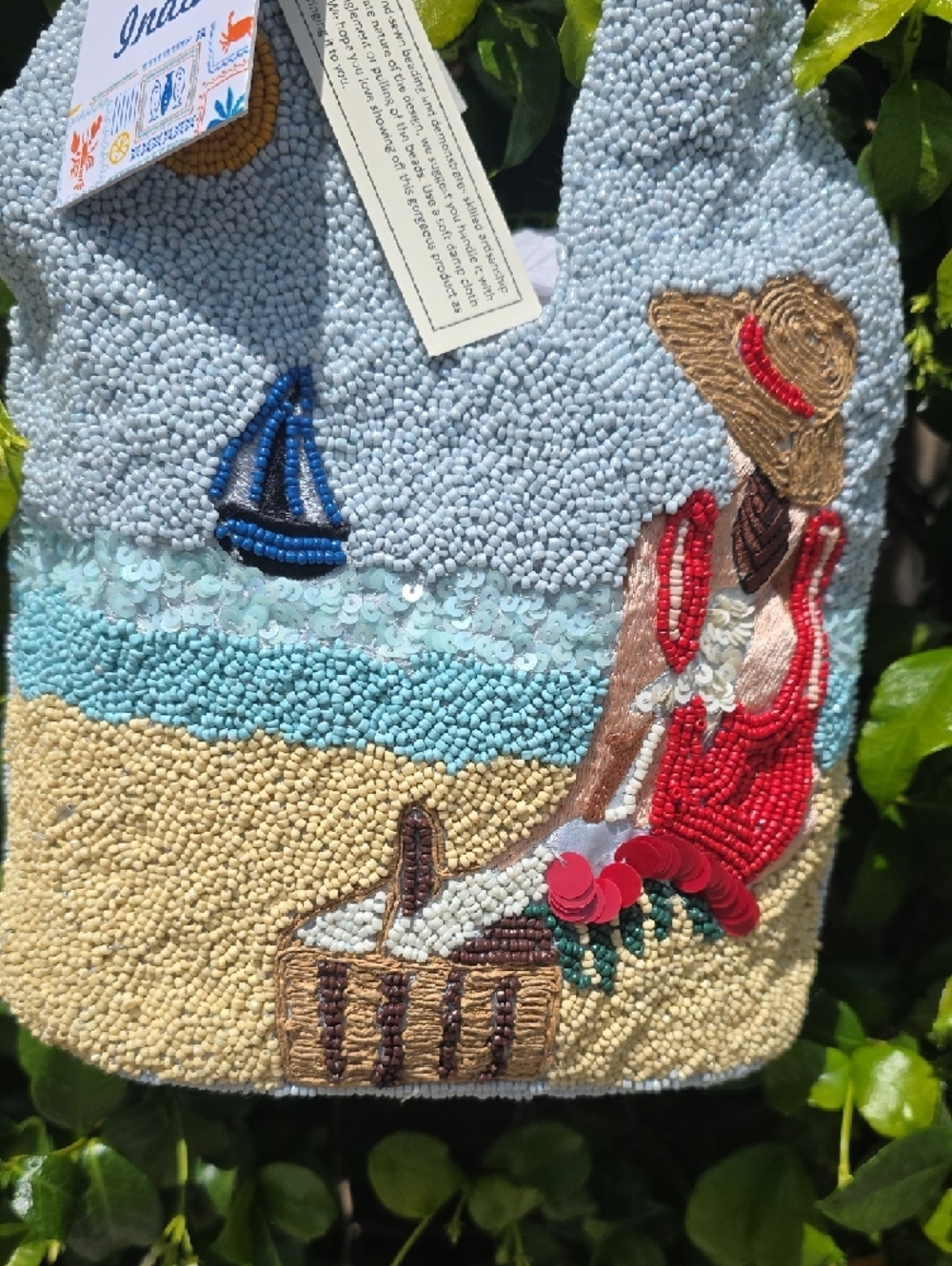 Beaded Beach Scene Tote Bag - Light Blue & Sand - Picture 2 of 5